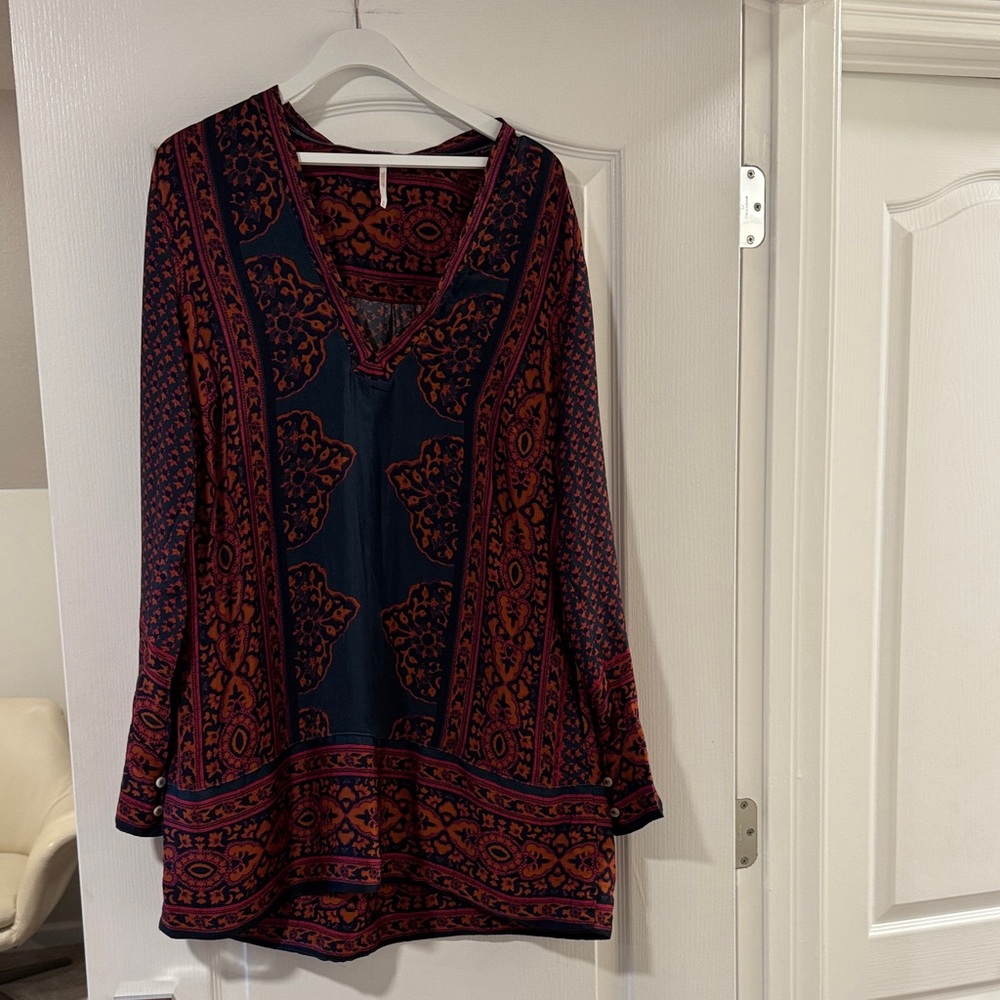 Free People Vibrant Red and Orange Patterned Top